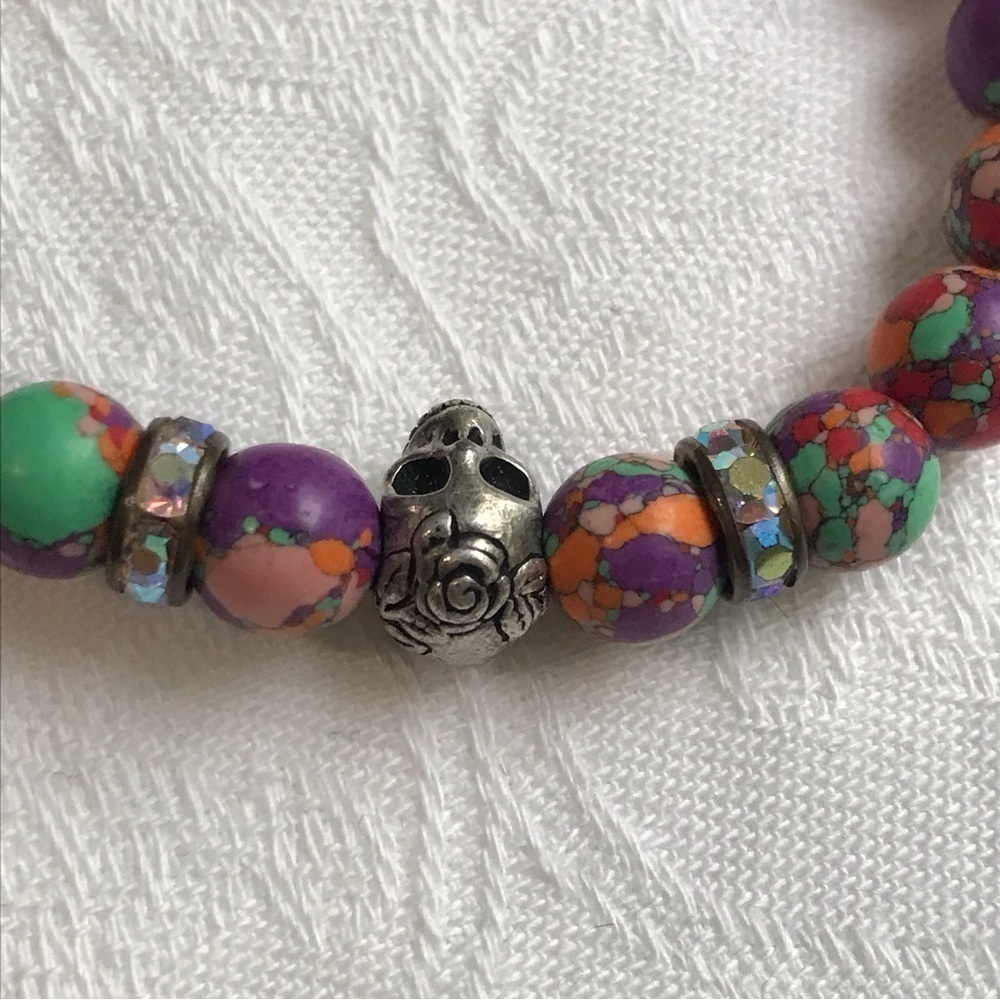 Multicolor Beaded Skull Stretch Bracelet Gothic Boho One Size - Picture 10 of 16